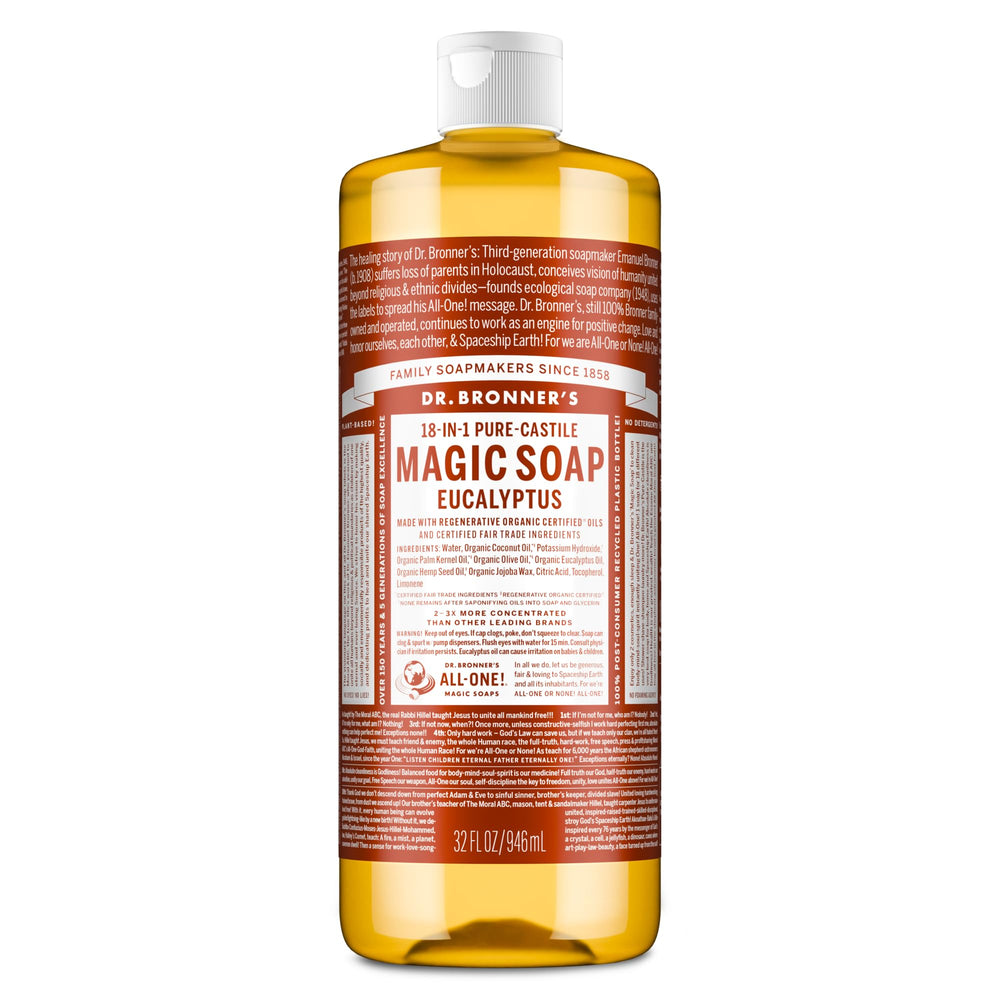 Jabón líquido castile de Dr. Bronner's con eucalipto, ideal para rostro y cuerpo.