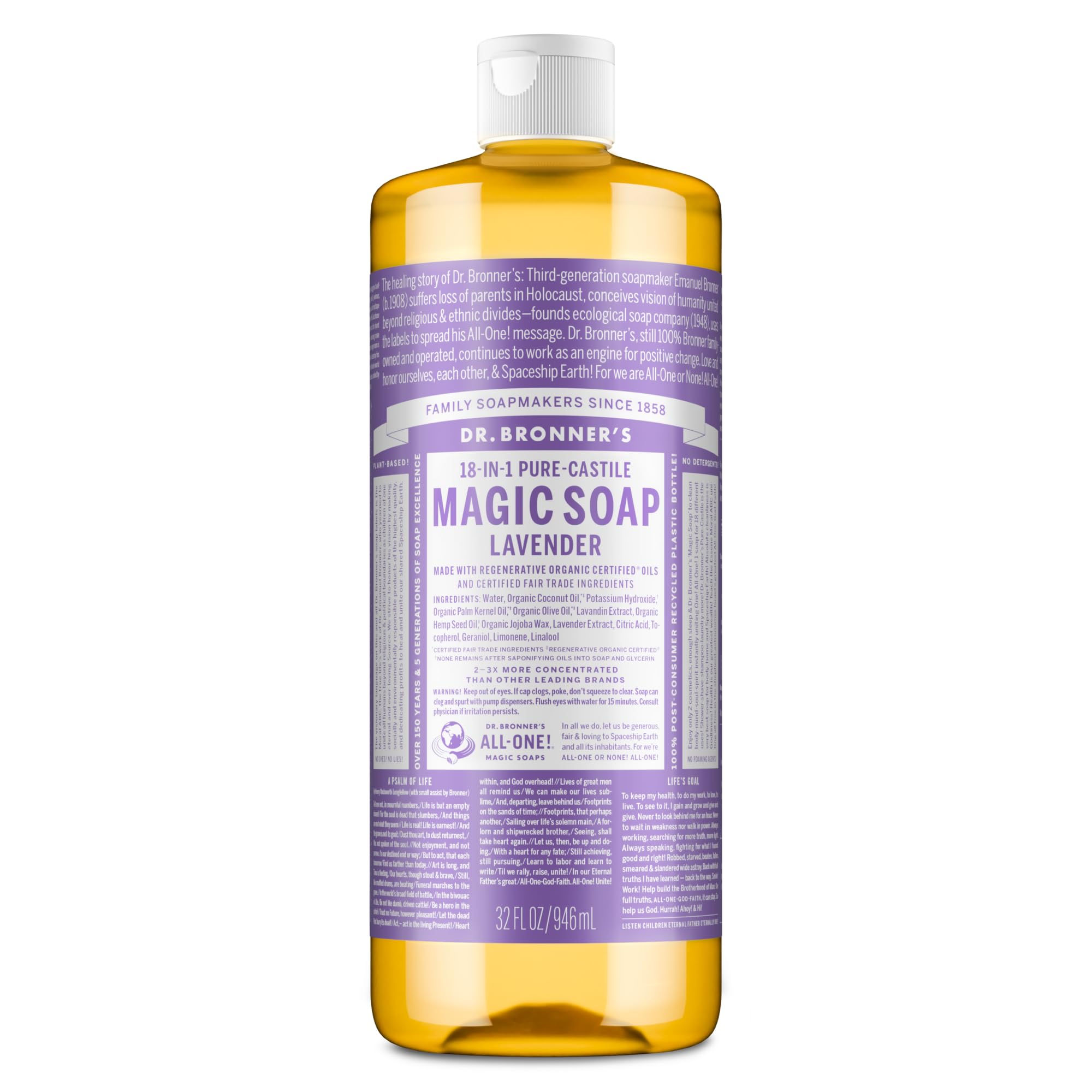 Dr. Bronner's Jabón líquido Castile Lavanda, botella, uso versátil para casa.