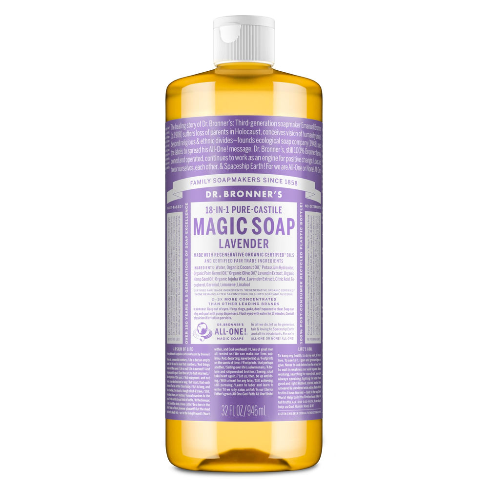 Dr. Bronner's Jabón líquido Castile Lavanda, botella, uso versátil para casa.