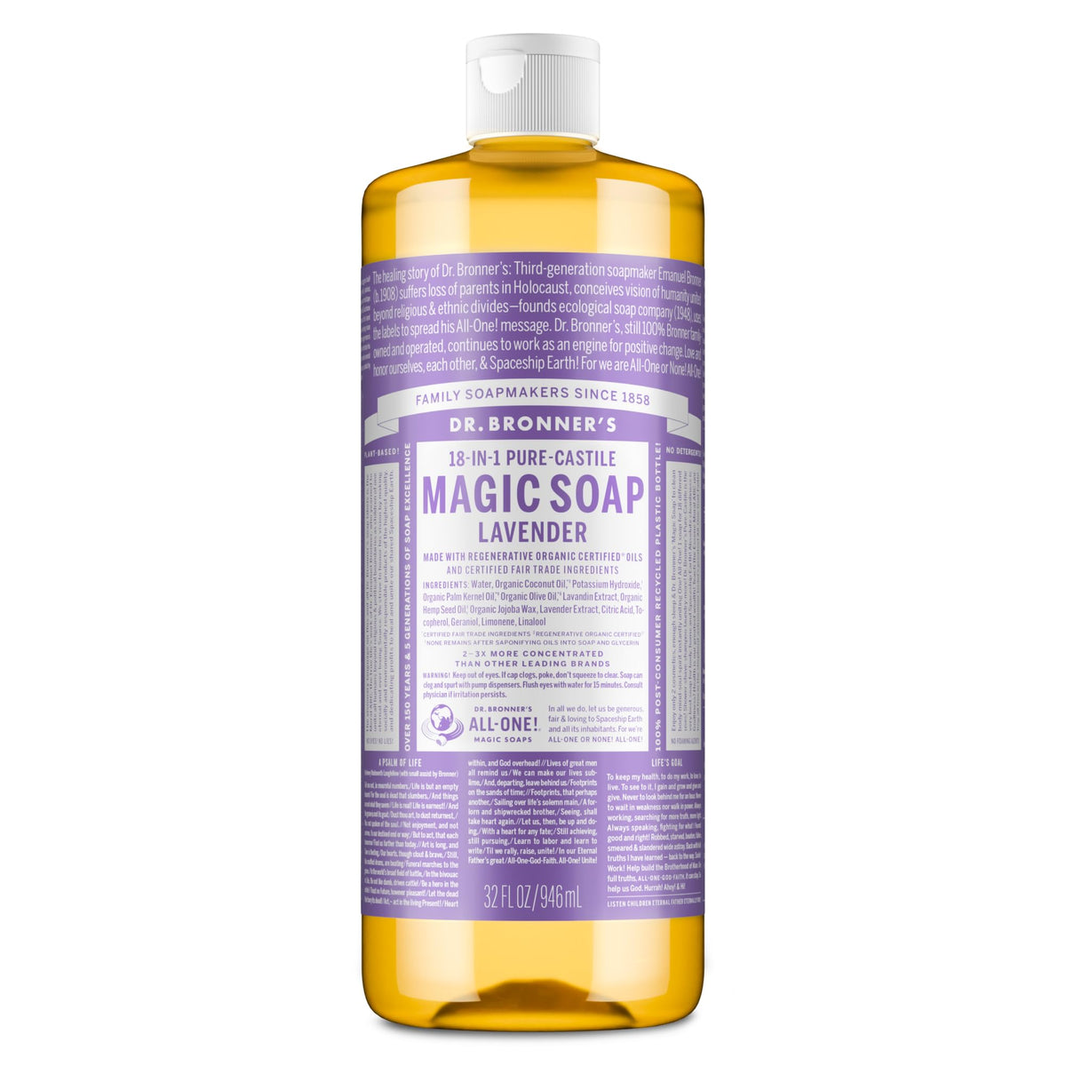 Dr. Bronner's Jabón líquido Castile Lavanda, botella, uso versátil para casa.