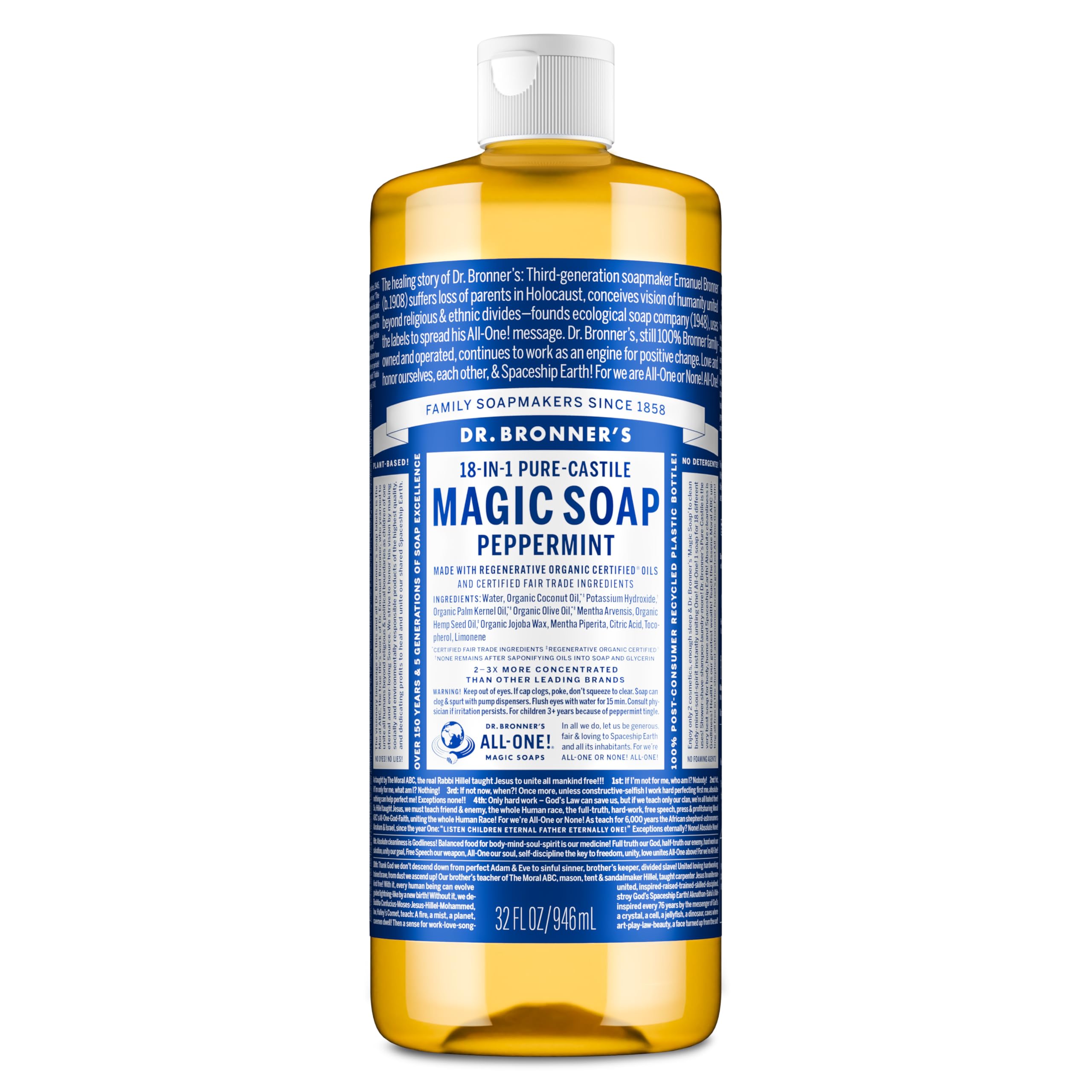 Dr. Bronner's jabon líquido pura Castilla en botella, limpieza suave para la piel.
