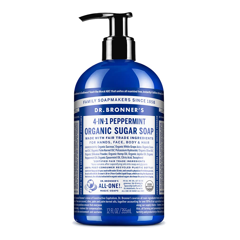 Dr. Bronner's Jabón orgánico de menta, botella, aroma fresco y limpieza suave.