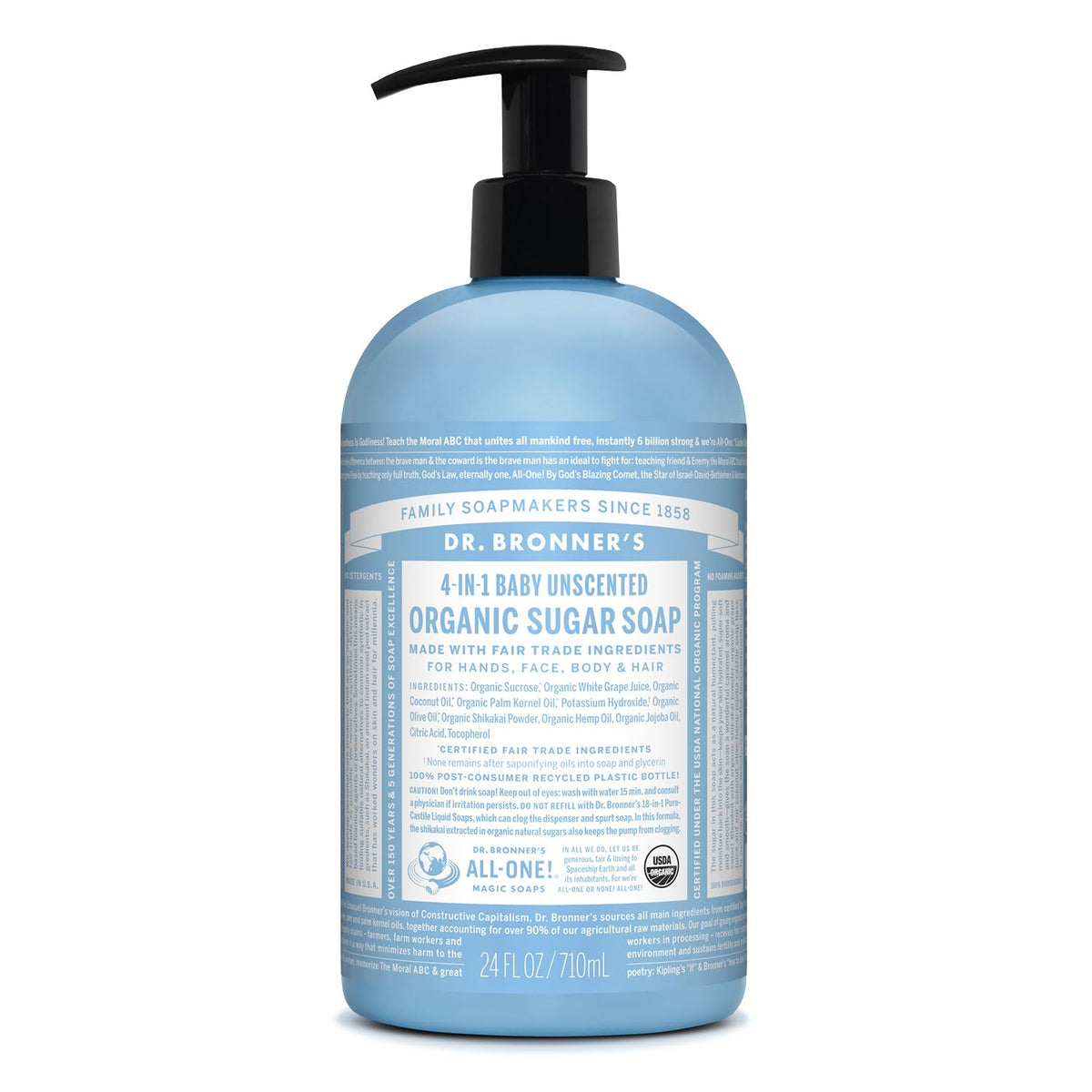 Dr. Bronner's jabón orgánico de azúcar para bebé sin aroma, lavado suave diario.