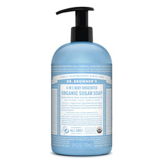 Dr. Bronner's jabón orgánico de azúcar para bebé sin aroma, lavado suave diario.