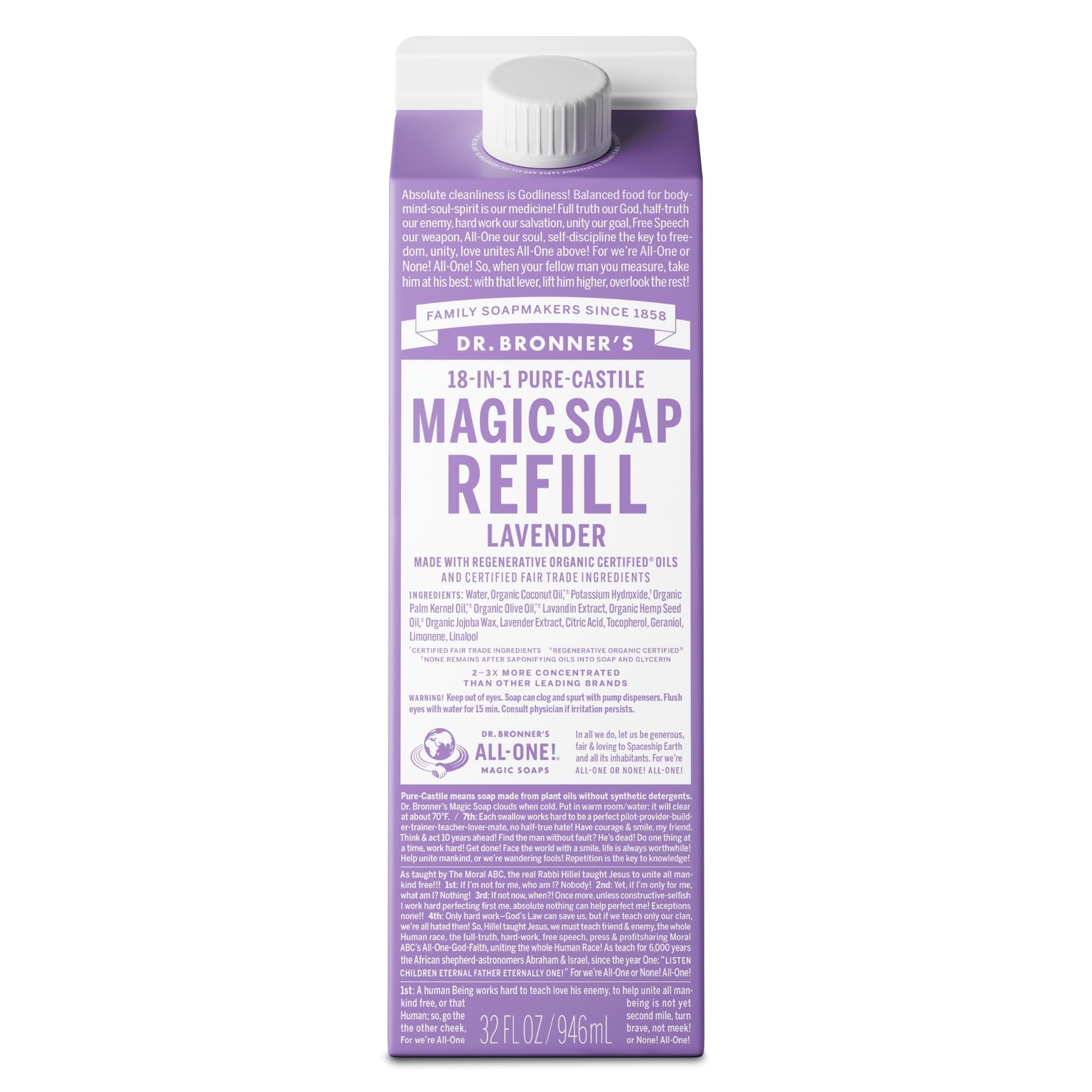 Dr. Bronner's Lavanda: botella para vertido y espuma suave para la piel