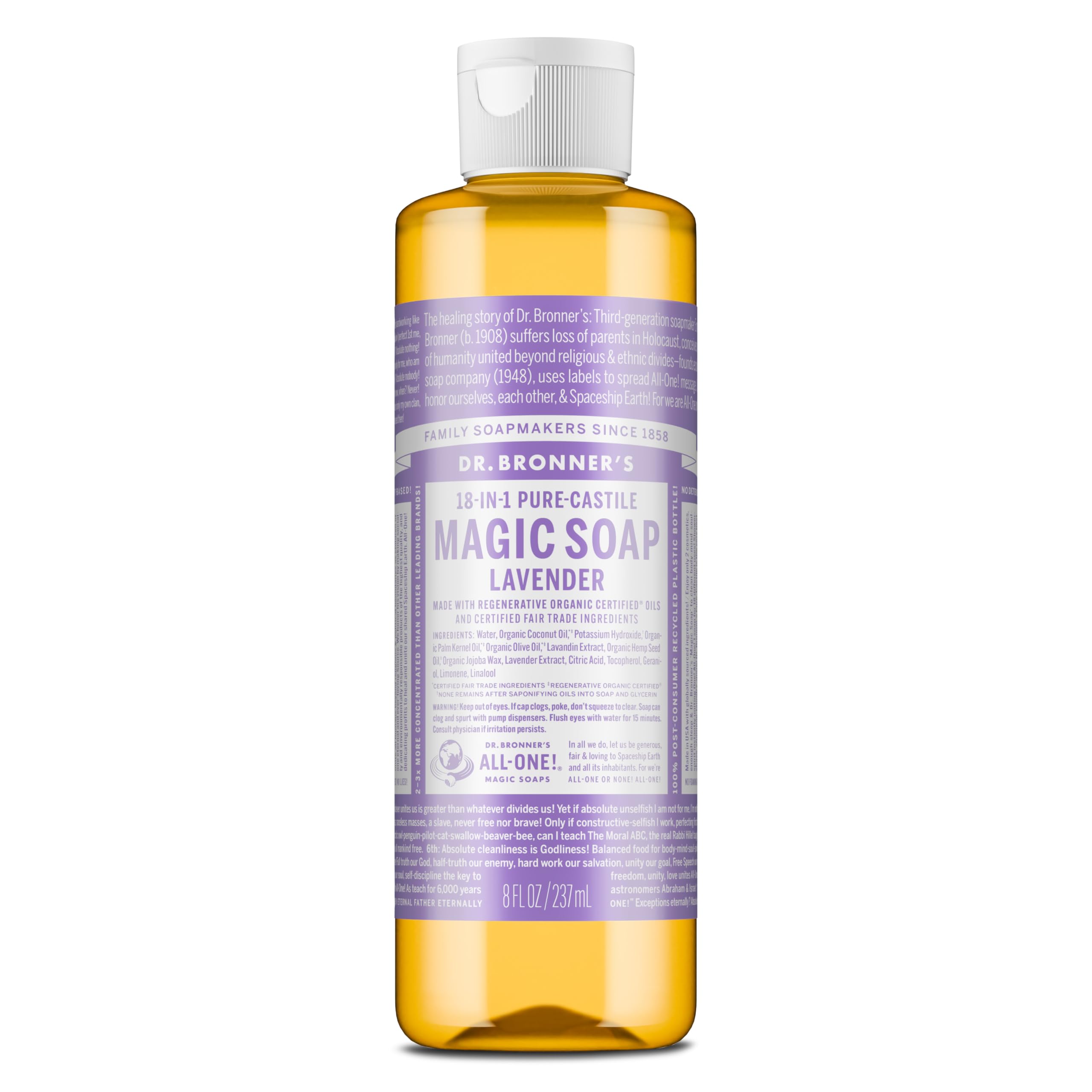 Dr. Bronner’s Lavanda botella: jabón suave para piel sensible y aroma calmante.