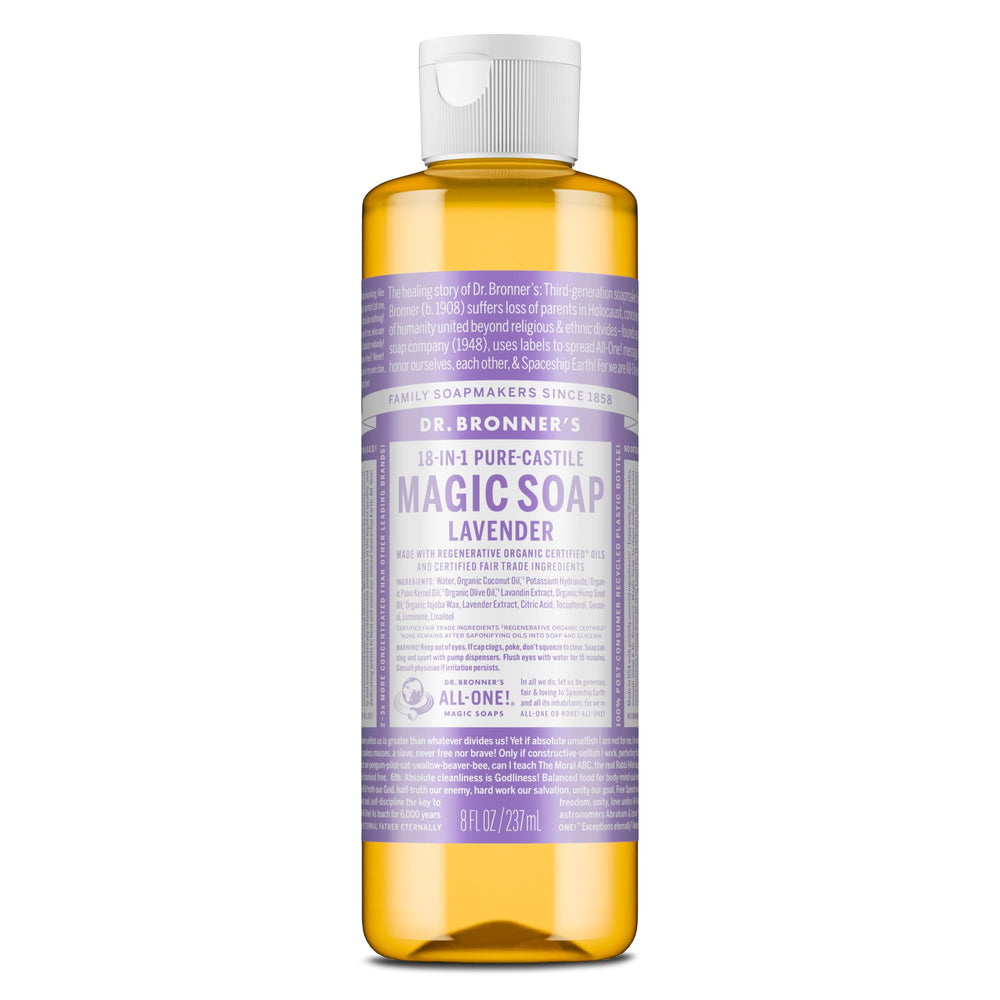 Dr. Bronner’s Lavanda botella: jabón suave para piel sensible y aroma calmante.