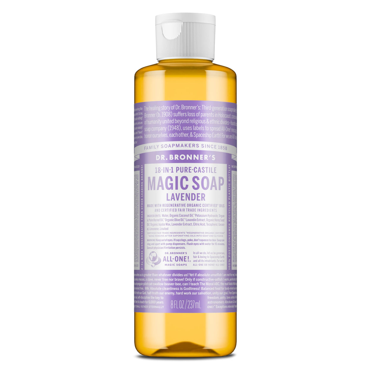 Dr. Bronner’s Lavanda botella: jabón suave para piel sensible y aroma calmante.