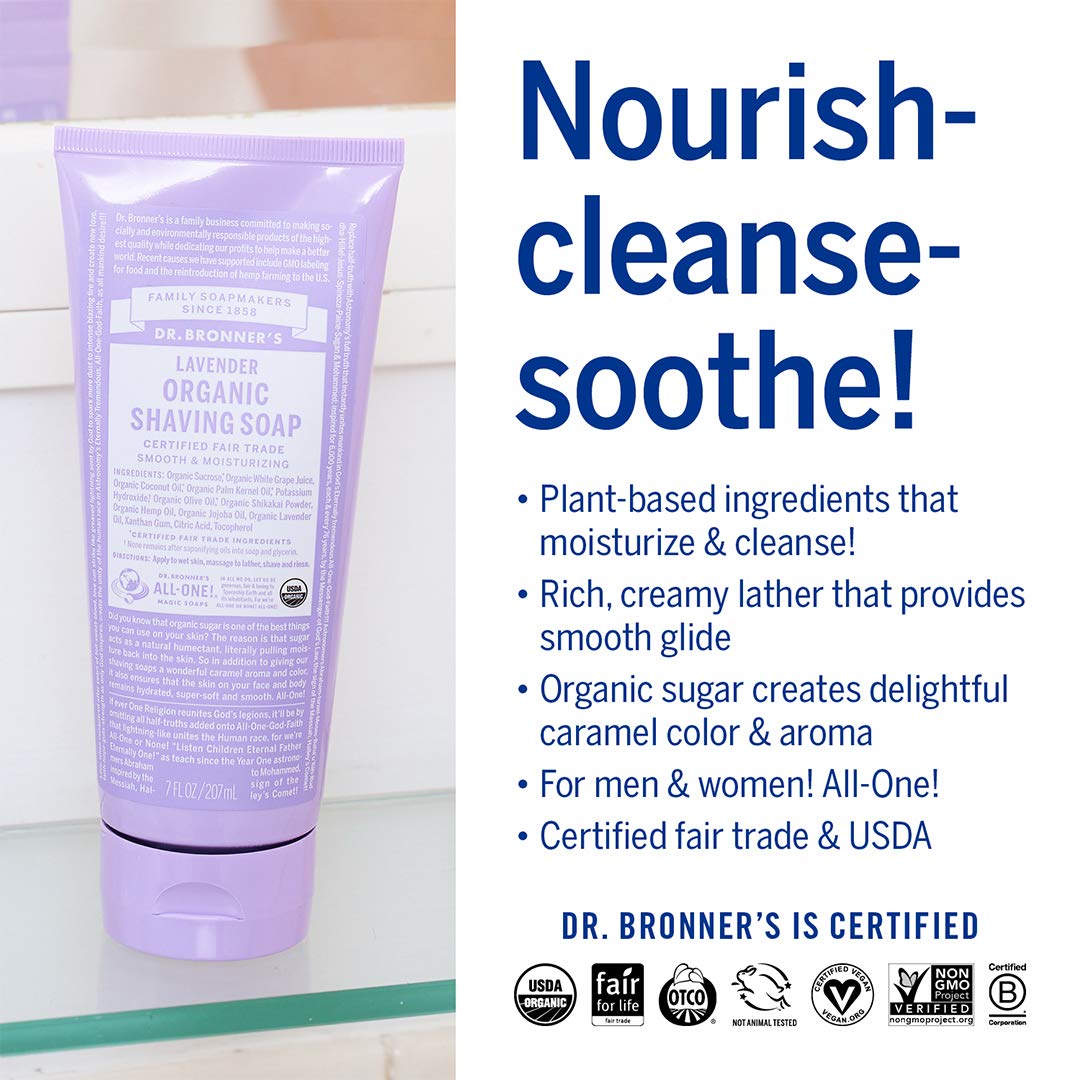 Pouring Dr Bronner's Lavender shave soap demonstrates creamy lather for a smooth shave