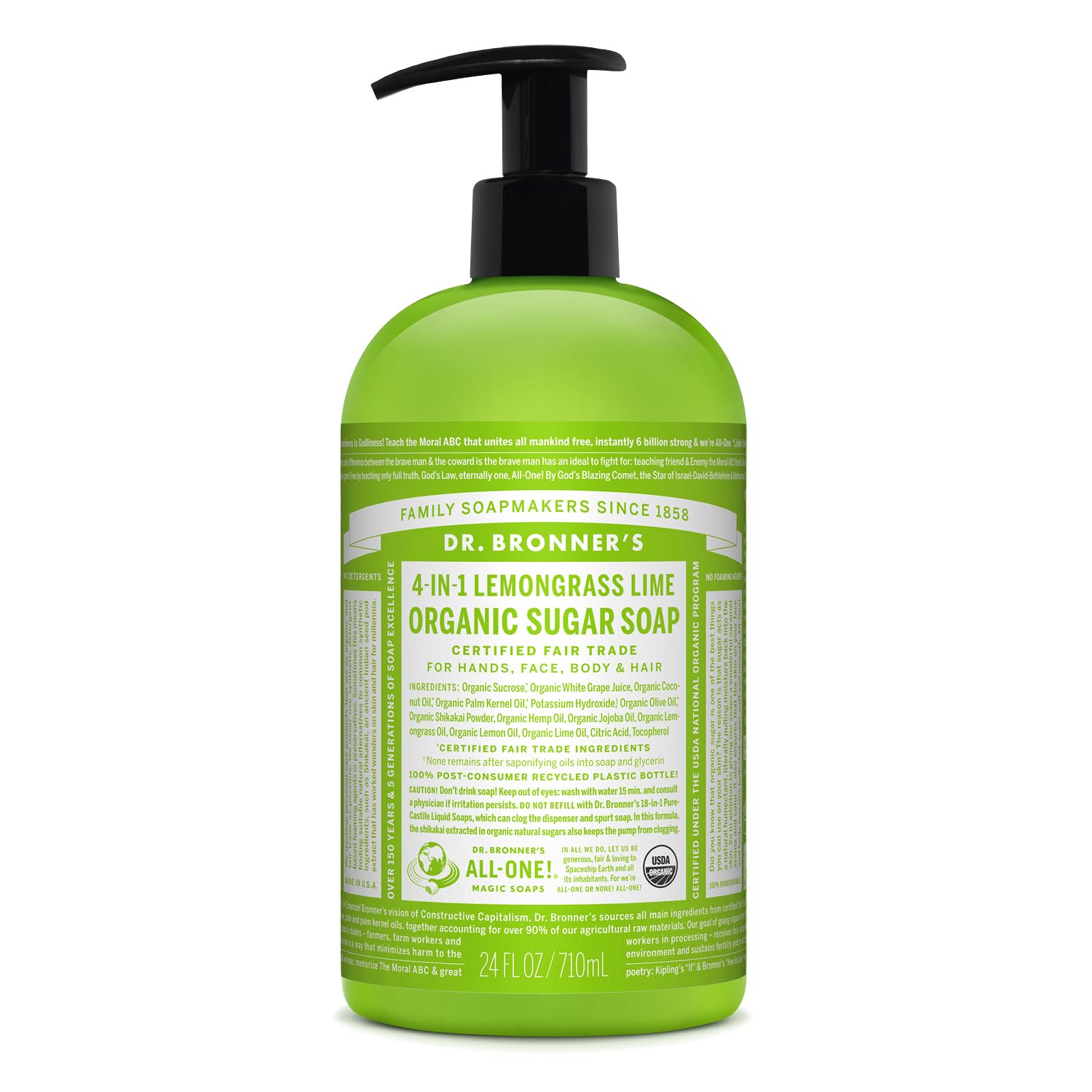 Dr. Bronner's Lemongrass sugar soap bottle ready for a creamy wash for hands and body