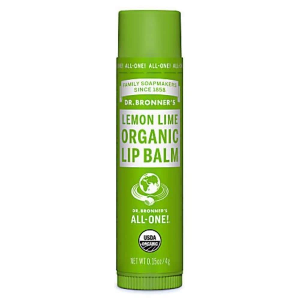 Dr. Bronner's lemon lime lip balm on-the-go moisture in a compact 0.15 oz tube.