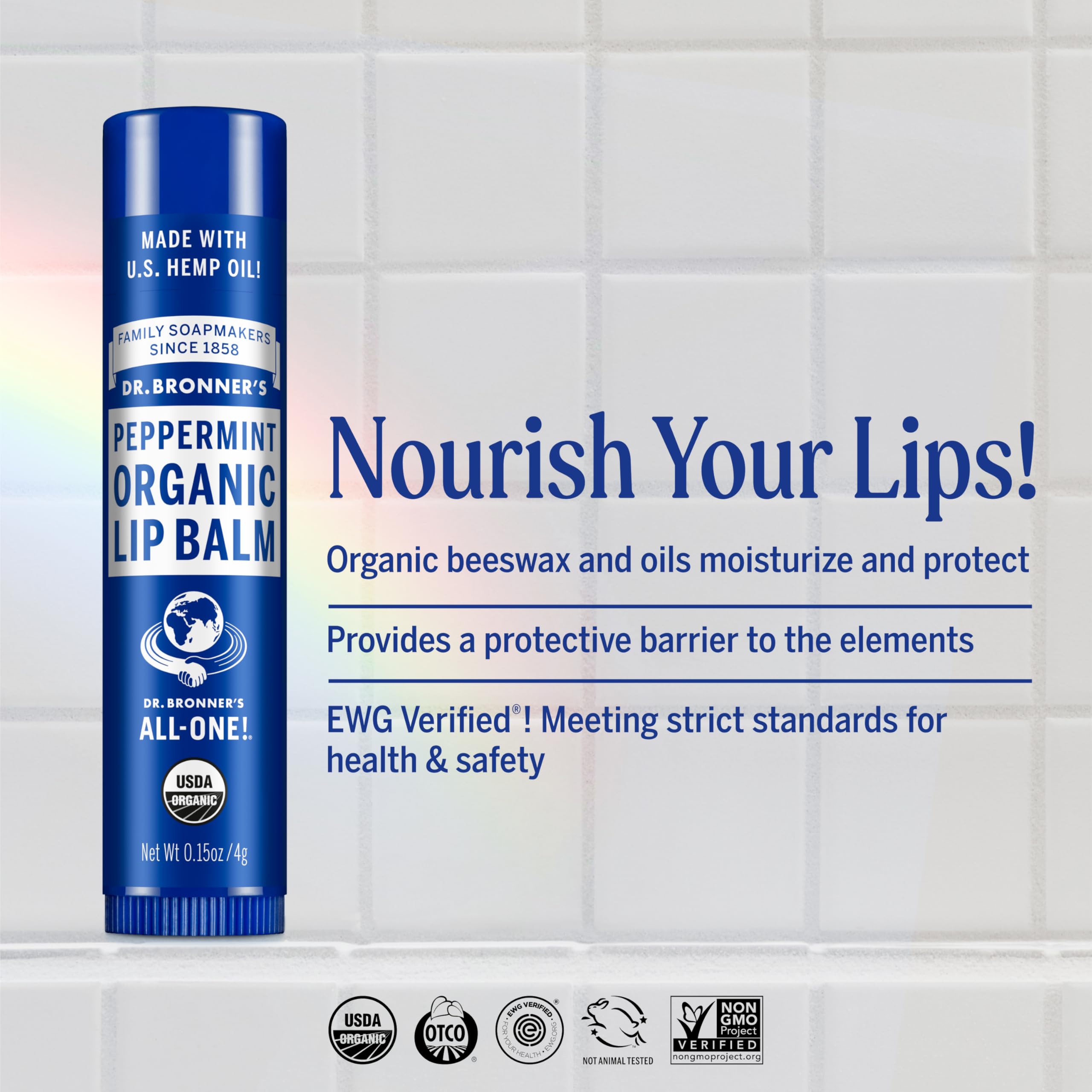 Dr. Bronner's Peppermint Lip Balm 6-pack back view, packaging and ingredient notes.