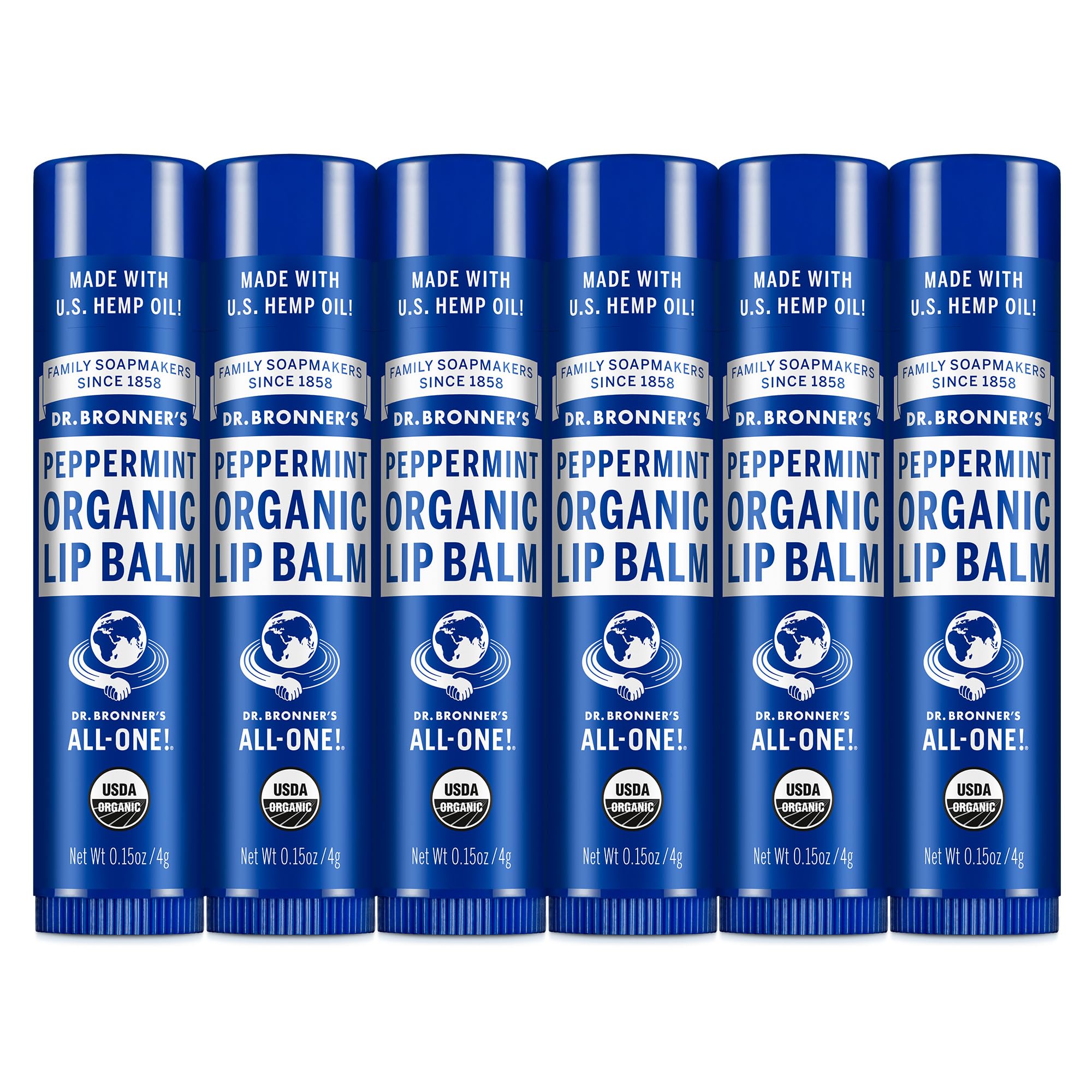 Dr. Bronner's Peppermint Lip Balm 6-pack front view, cooling and moisturizing.