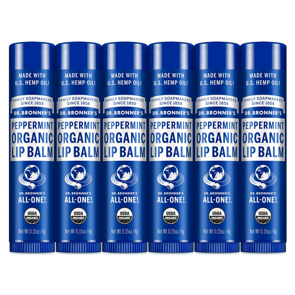 Dr. Bronner's Peppermint Lip Balm 6-pack front view, cooling and moisturizing.
