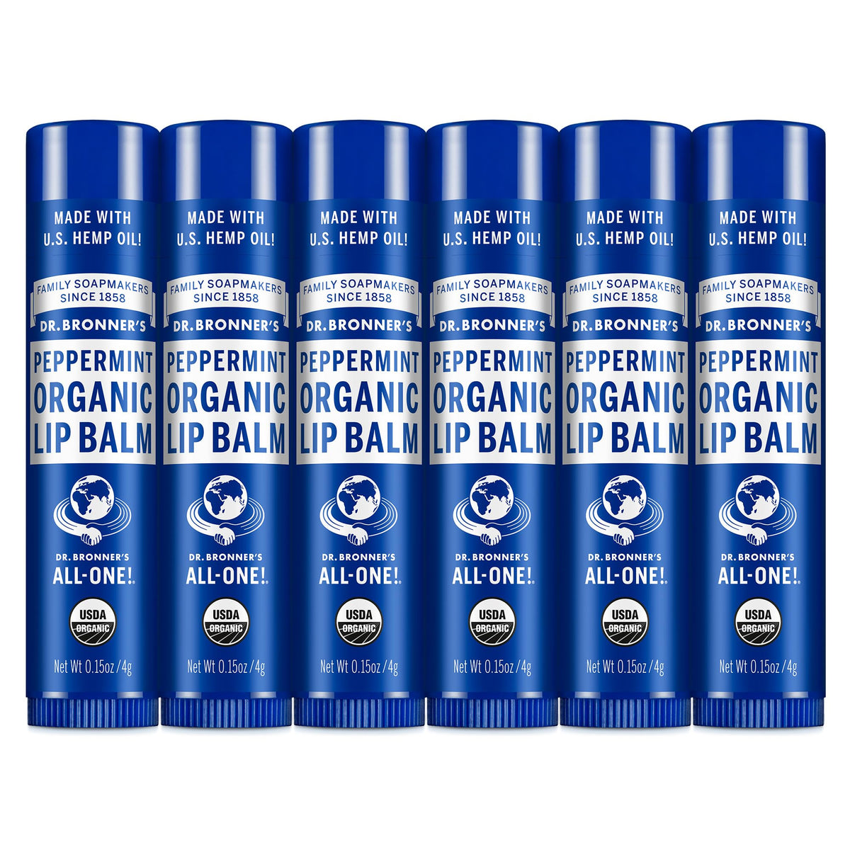 Dr. Bronner's Peppermint Lip Balm 6-pack front view, cooling and moisturizing.
