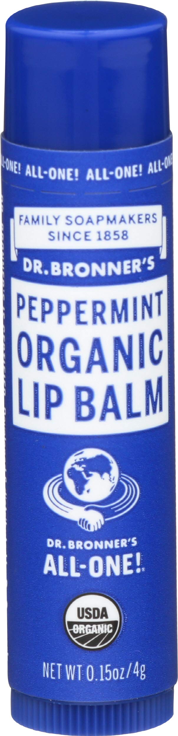 Dr. Bronner's peppermint organic lip balm close-up in a compact tube for on-the-go moisture.