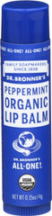 Dr. Bronner's peppermint organic lip balm close-up in a compact tube for on-the-go moisture.