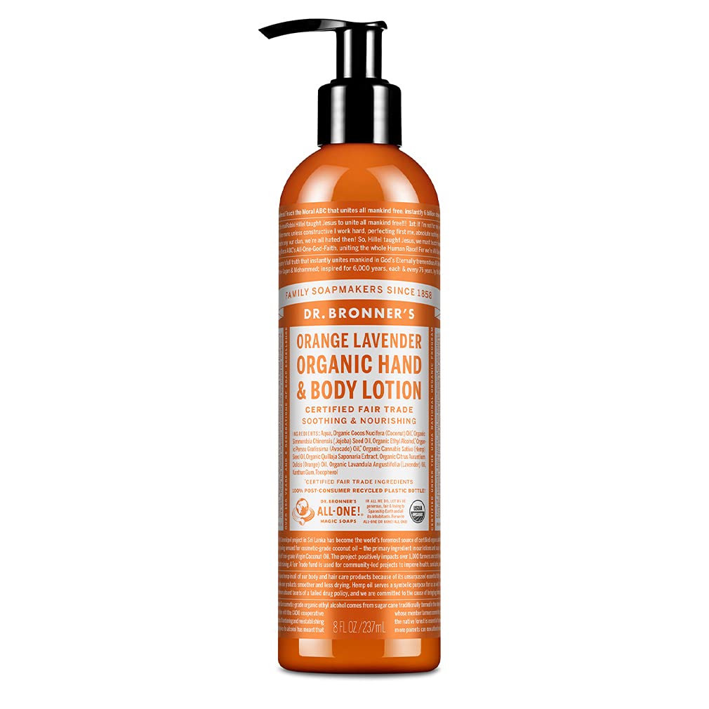 Dr. Bronner’s Loción Orgánica Naranja Coco, bote de 8 oz, hidratación diaria para manos, cara y cuerpo.