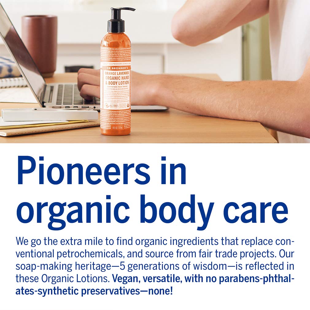 Fragancia limpia de naranja y coco en Dr. Bronner’s Loción Orgánica Naranja Coco.