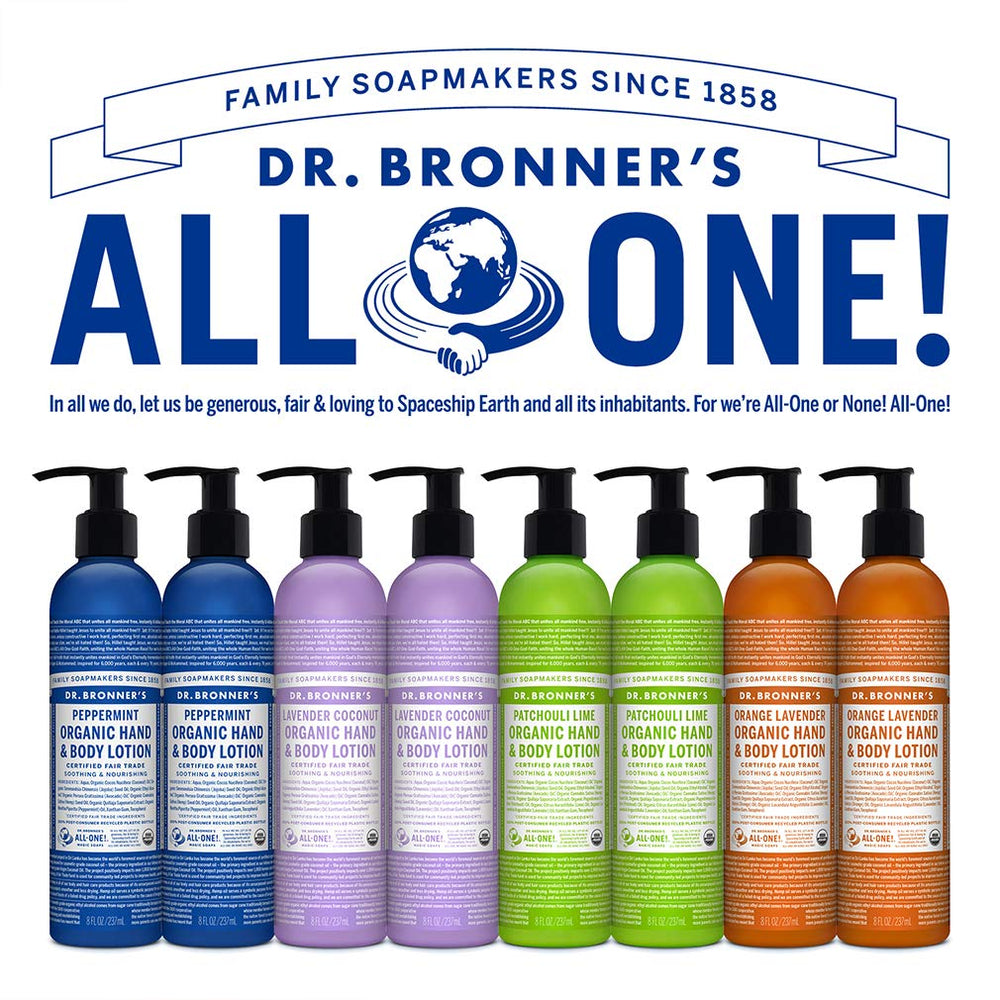 Ingredientes orgánicos certificados y comercio justo en Dr. Bronner’s Loción Orgánica Naranja Coco.