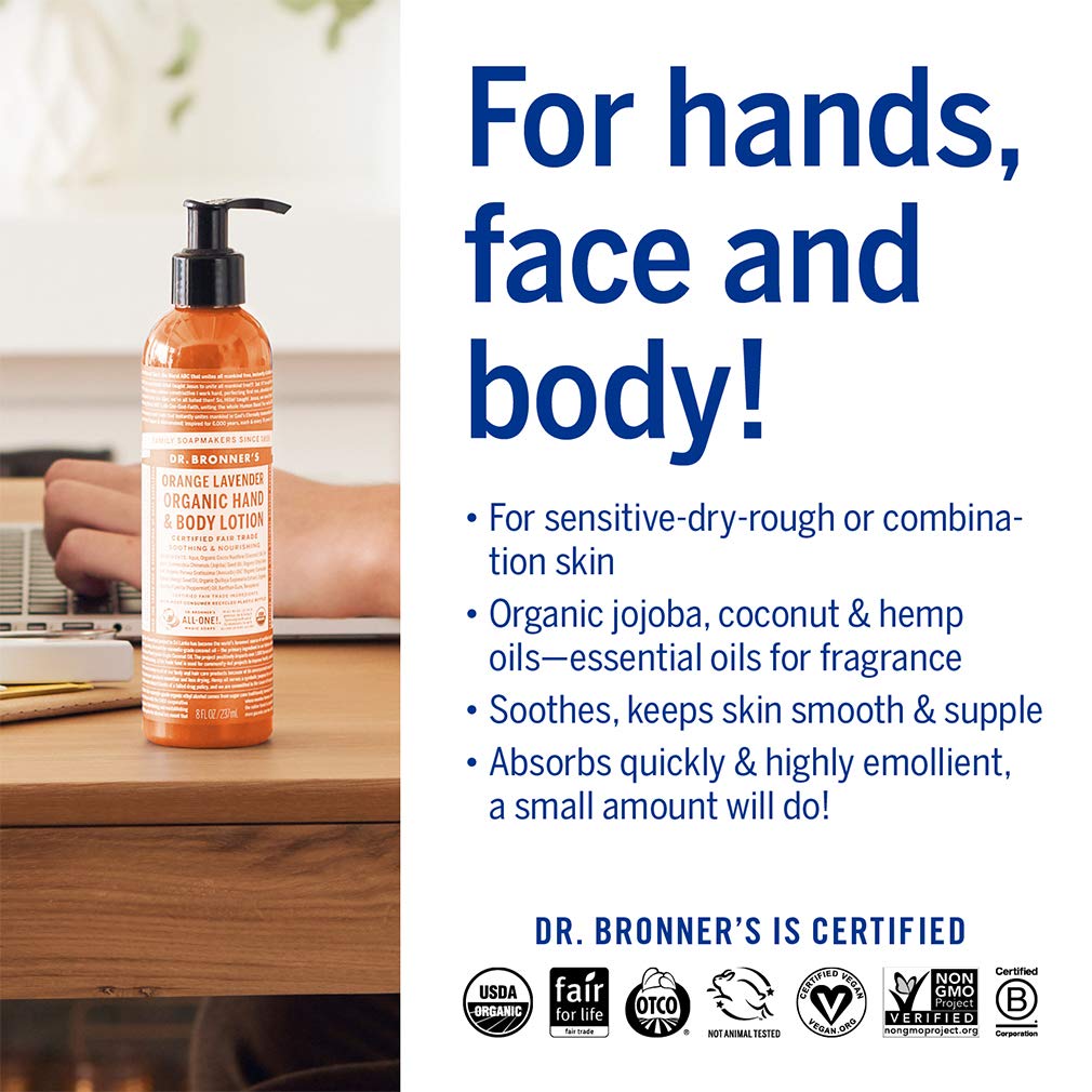 Uso versátil en manos, rostro y cuerpo con Dr. Bronner’s Loción Orgánica Naranja Coco.