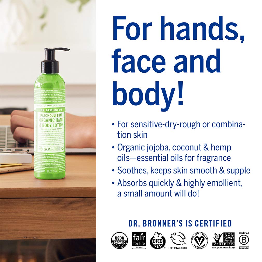 Etiqueta y certificaciones de Dr. Bronner's Loción Orgánica Patchouli Lima.