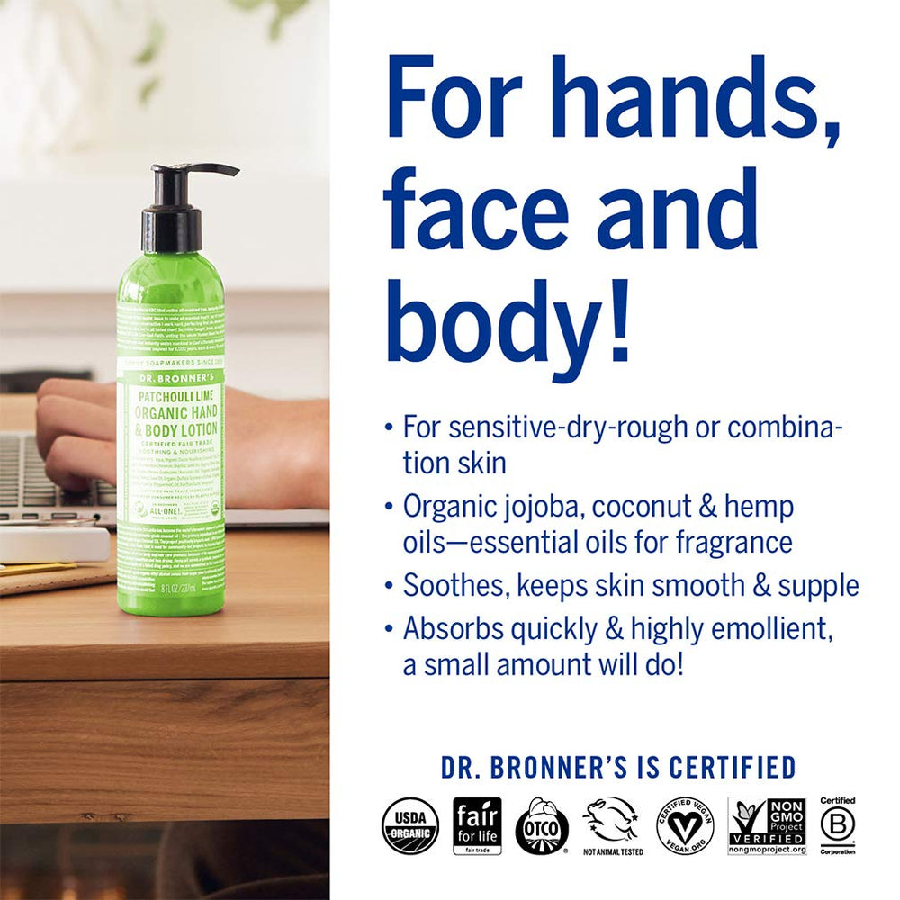 Etiqueta y certificaciones de Dr. Bronner's Loción Orgánica Patchouli Lima.