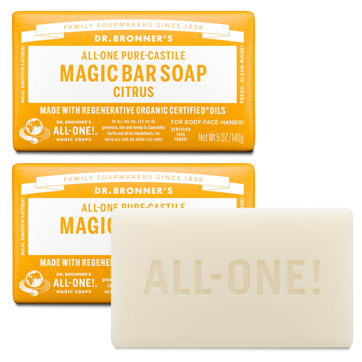 Dr. Bronner's Magic Bar Citrus front view with rich lather for refreshing cleanse