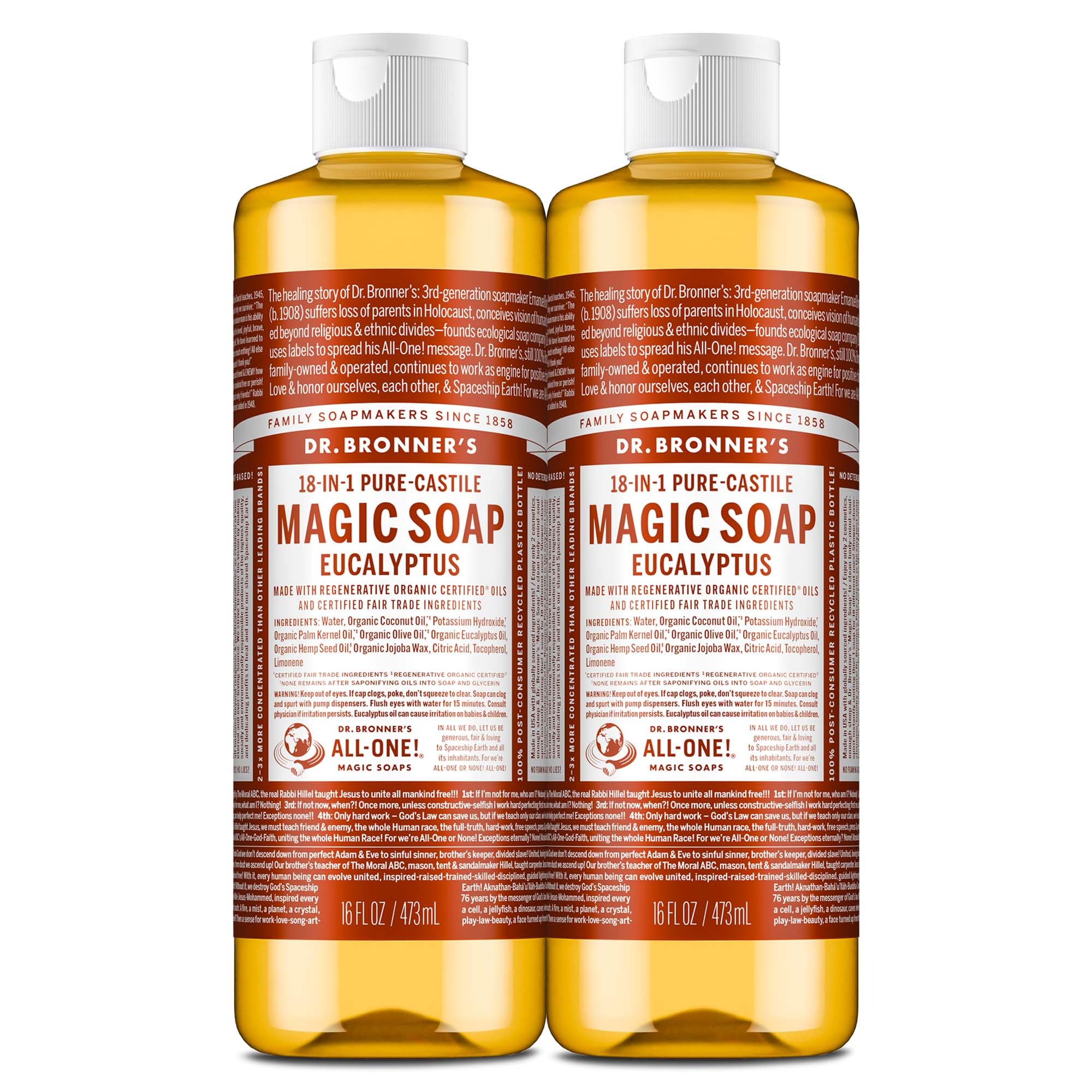 Dr. Bronner's Magic Soap eucalyptus bottle for multi-use cleaning and skin care.