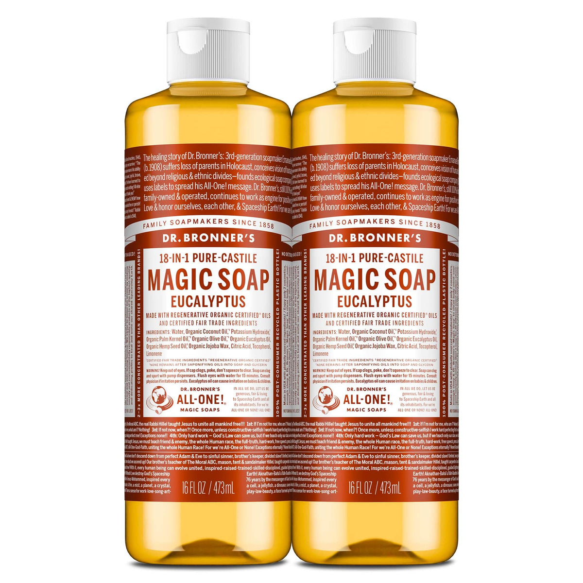 Dr. Bronner's Magic Soap eucalyptus bottle for multi-use cleaning and skin care.