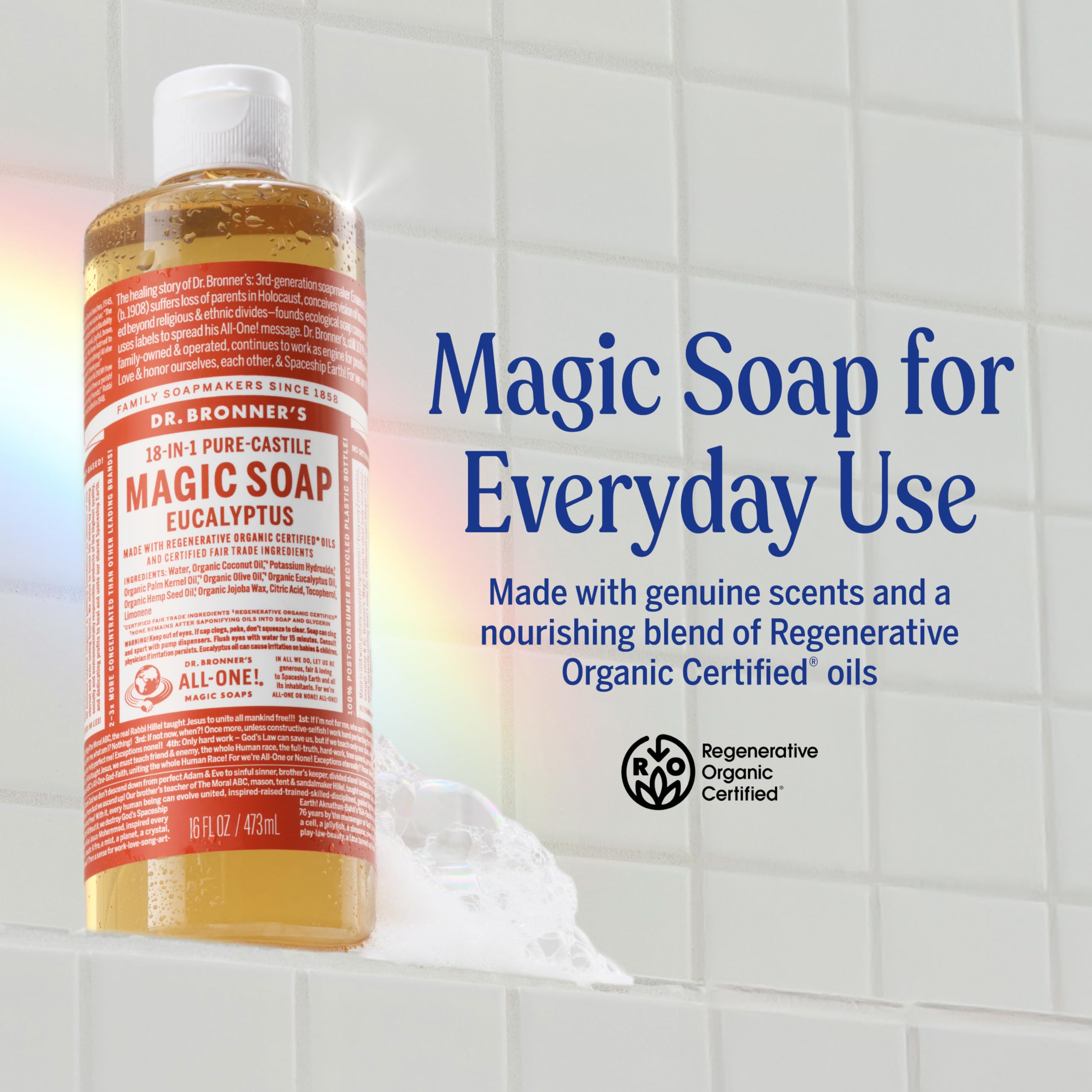 Pouring Dr. Bronner's eucalyptus soap showcasing concentrated formula.
