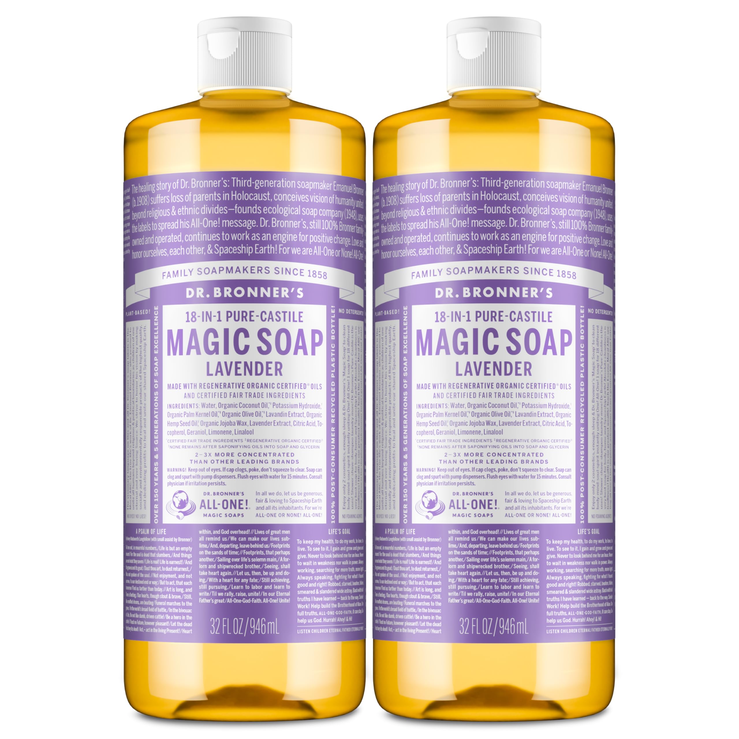 Dr. Bronner's Lavender Pure-Castile Soap bottle for body and daily cleaning.