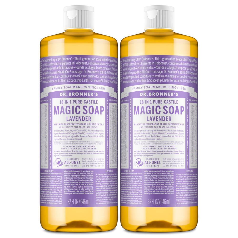 Dr. Bronner's Lavender Pure-Castile Soap bottle for body and daily cleaning.