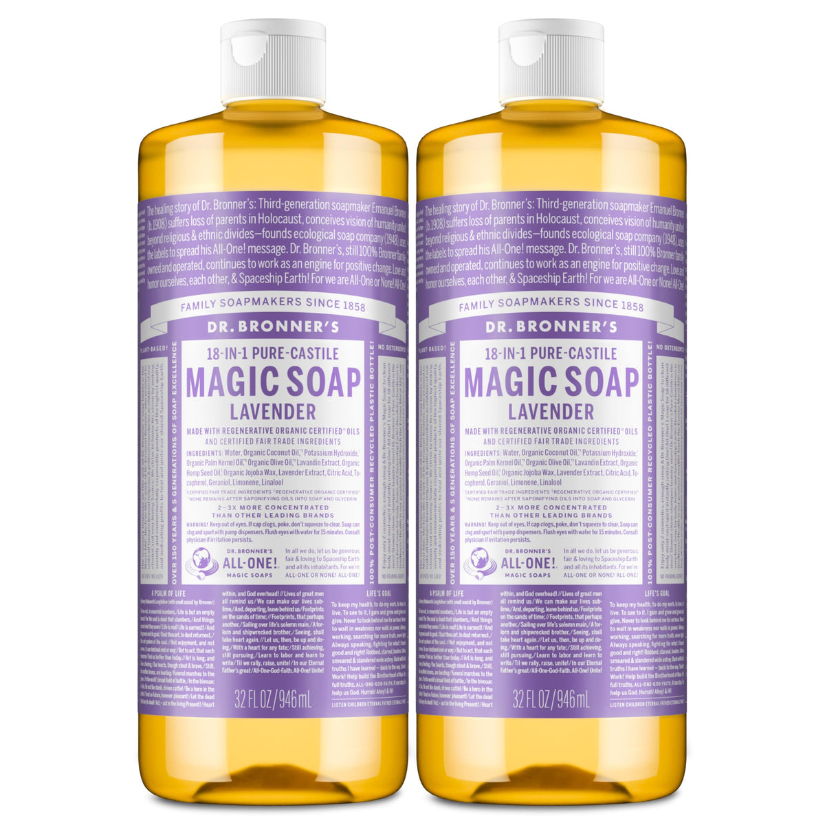 Dr. Bronner's Lavender Pure-Castile Soap bottle for body and daily cleaning.