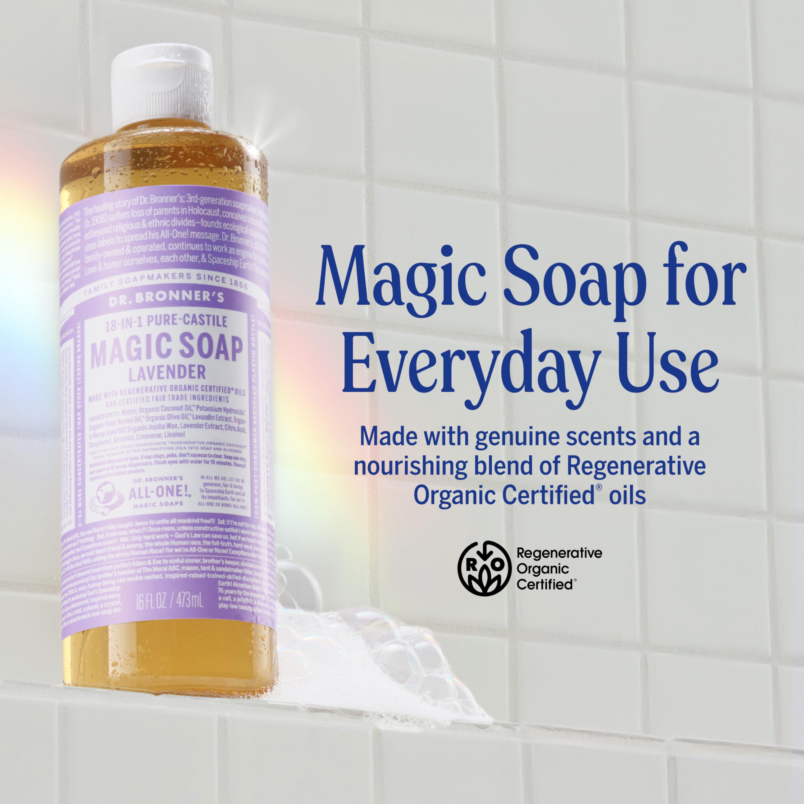 Rich lavender lather on skin from Dr. Bronner's Pure-Castile Soap.