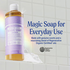Rich lavender lather on skin from Dr. Bronner's Pure-Castile Soap.