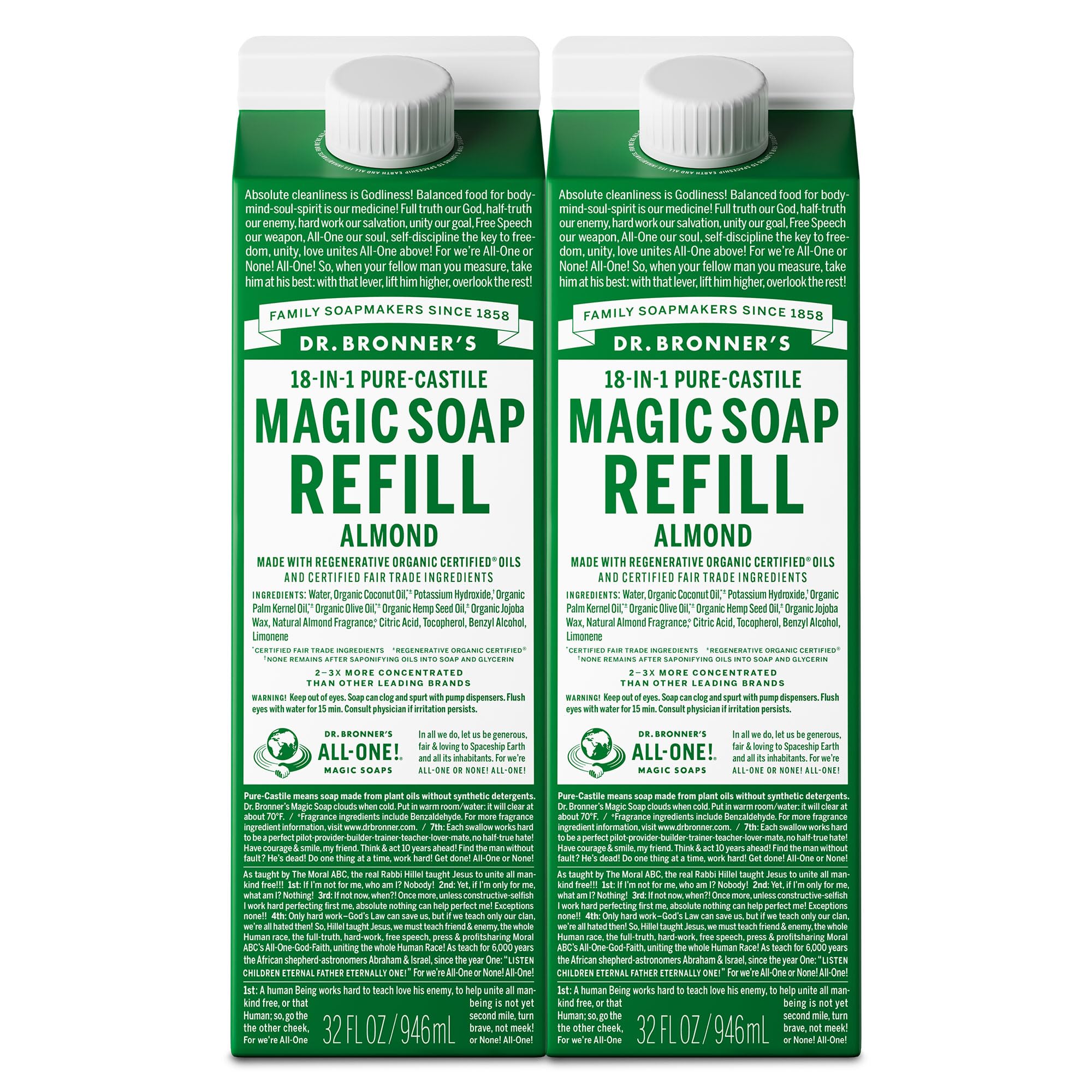 Dr. Bronner's almond refill bottle shown for versatile cleansing and gentle skin use