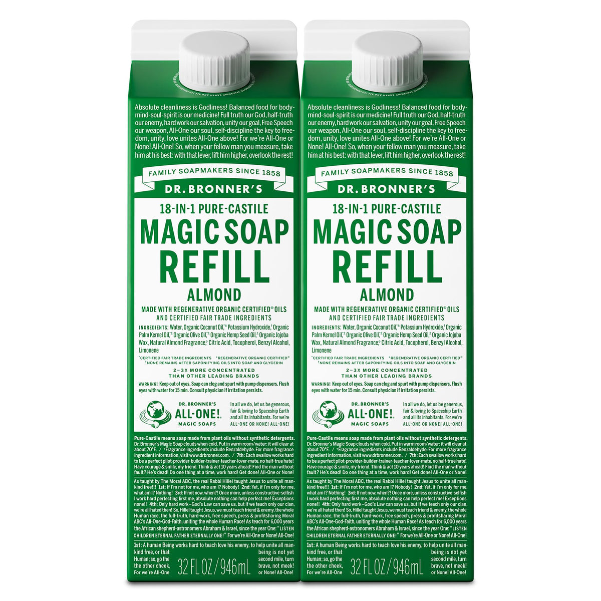 Dr. Bronner's almond refill bottle shown for versatile cleansing and gentle skin use