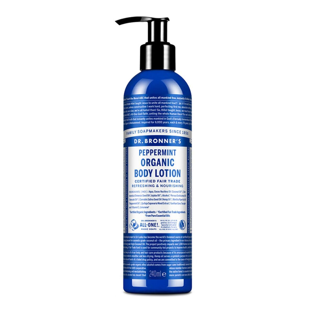 Dr. Bronner's loción de menta para manos y cuerpo, botella reciclada, hidratación suave.