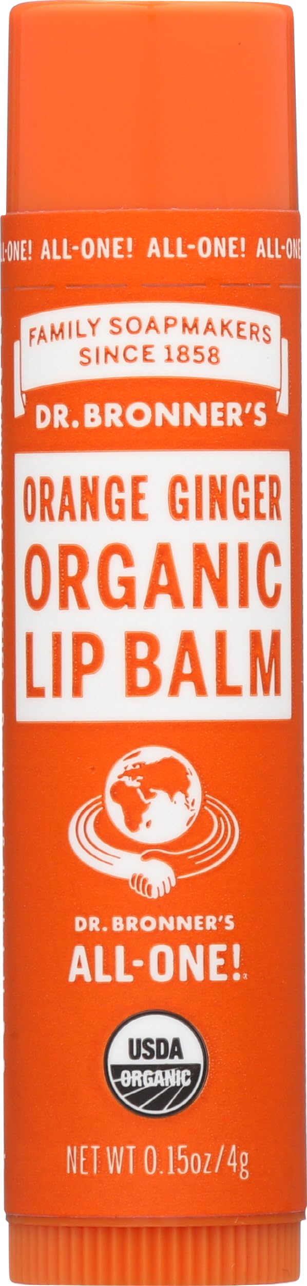 Dr. Bronner's lip balm tube with orange-ginger scent for portable moisture.