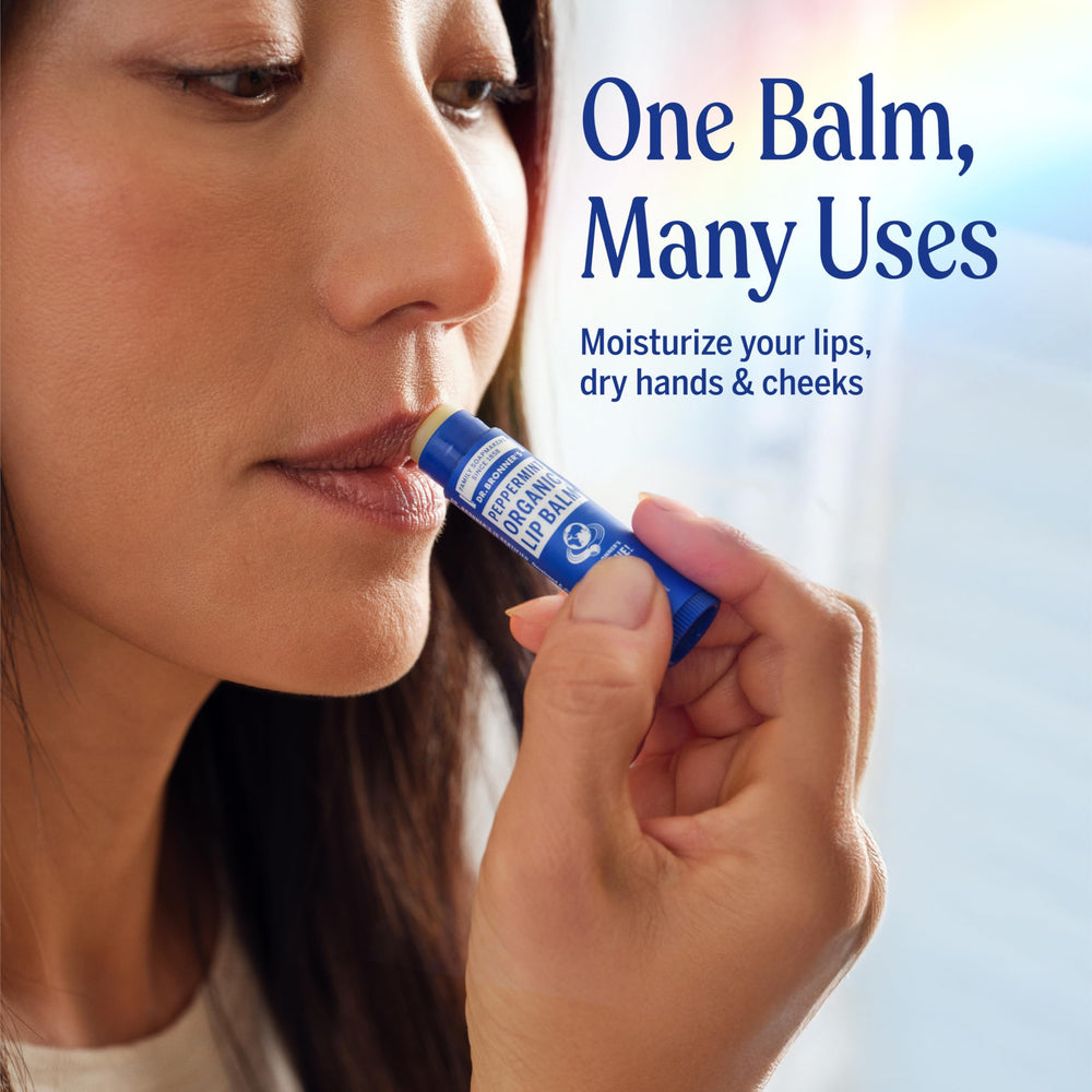 Dr. Bronner's Organic Beeswax Lip Balm label showing organic ingredients.