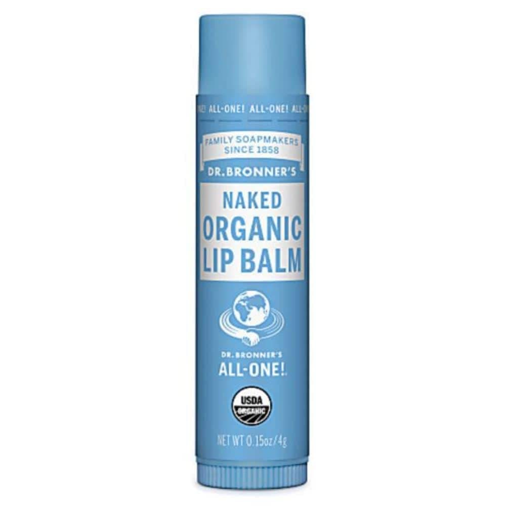 Dr. Bronner's Organic Naked Lip Balm provides fragrance-free moisture for daily use.