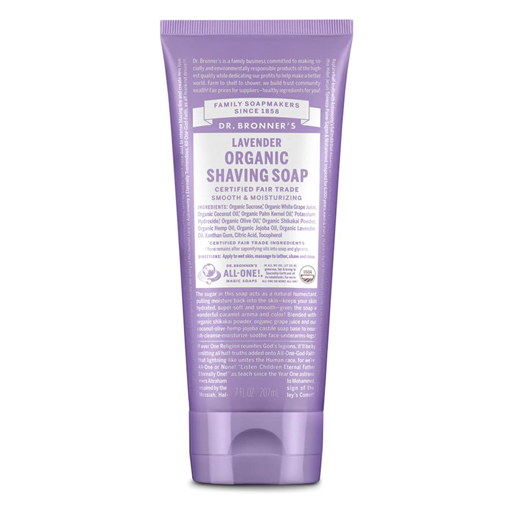 Dr Bronner's Lavender shaving soap packaging highlights organic ingredients and fair trade sourcing for a clean shave