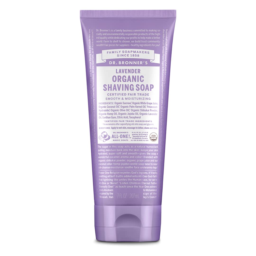 Dr Bronner's Lavender shaving soap packaging highlights organic ingredients and fair trade sourcing for a clean shave