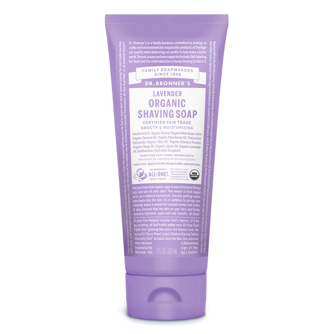 Creamy lavender lather from Dr Bronner's shaving soap ready for application