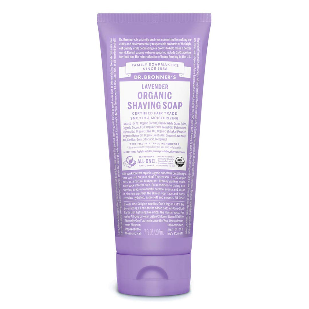Creamy lavender lather from Dr Bronner's shaving soap ready for application