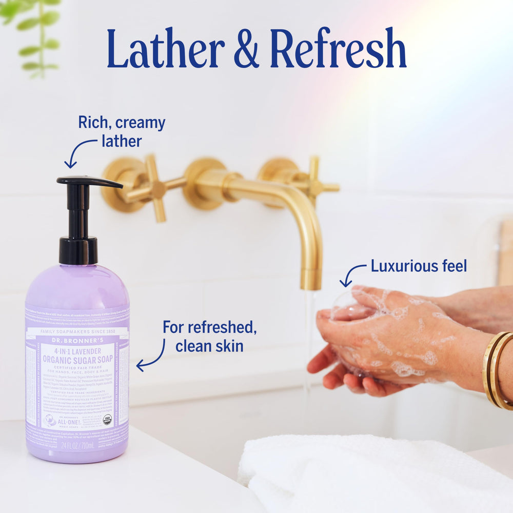 Dr. Bronner's Lavender bottle image emphasizes hands-on use and soothing scent.