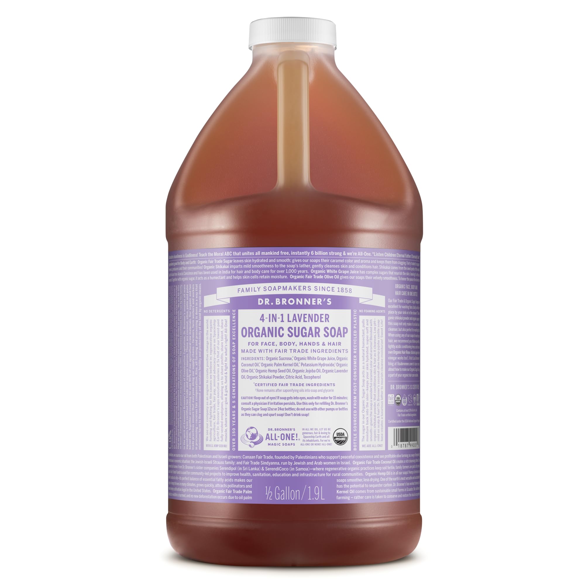 Dr. Bronner's Lavender organic sugar soap bottle showing versatile cleansing for hands, body, face, and hair.