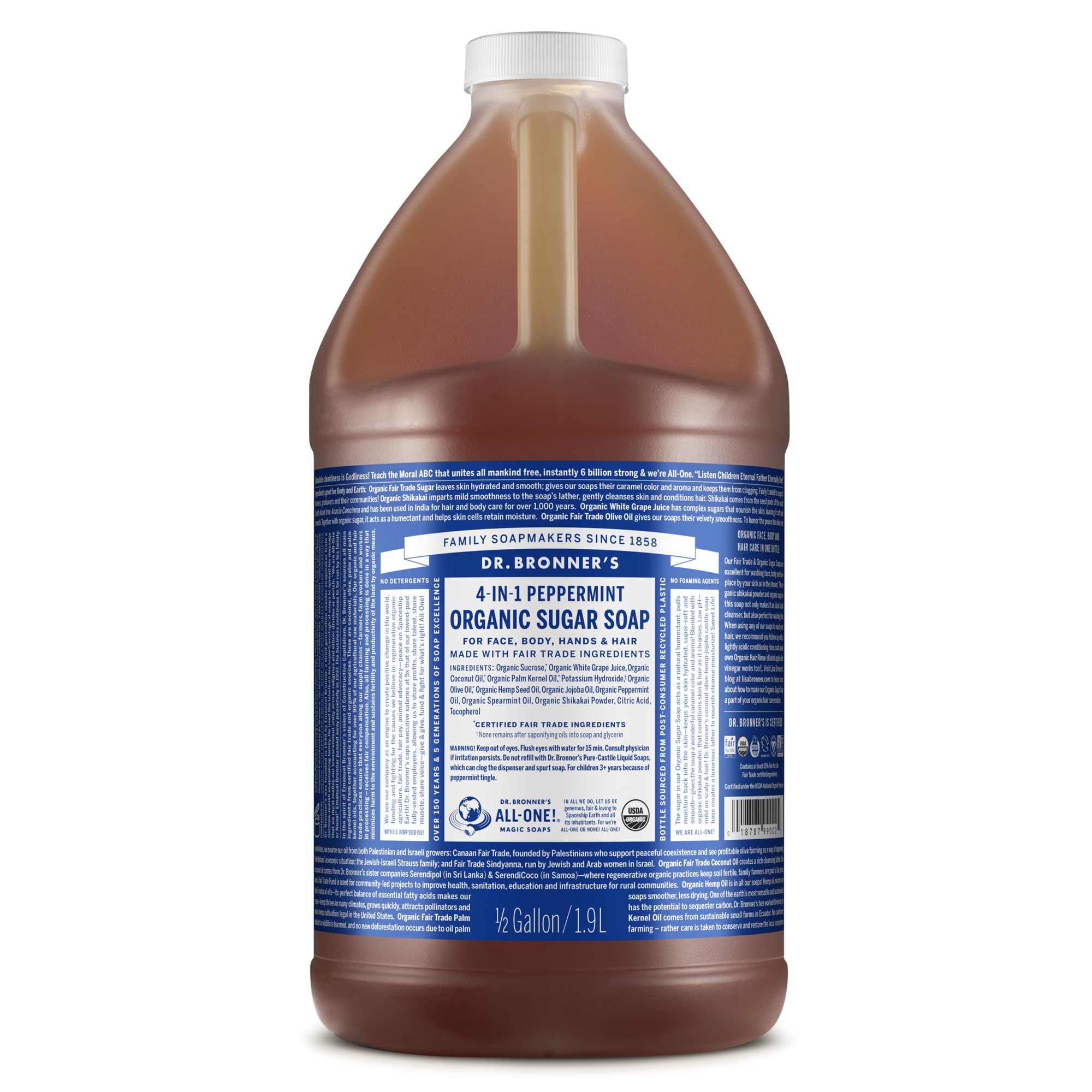 Dr. Bronner's Peppermint Organic Sugar Soap bottle with rich lather for cleansing