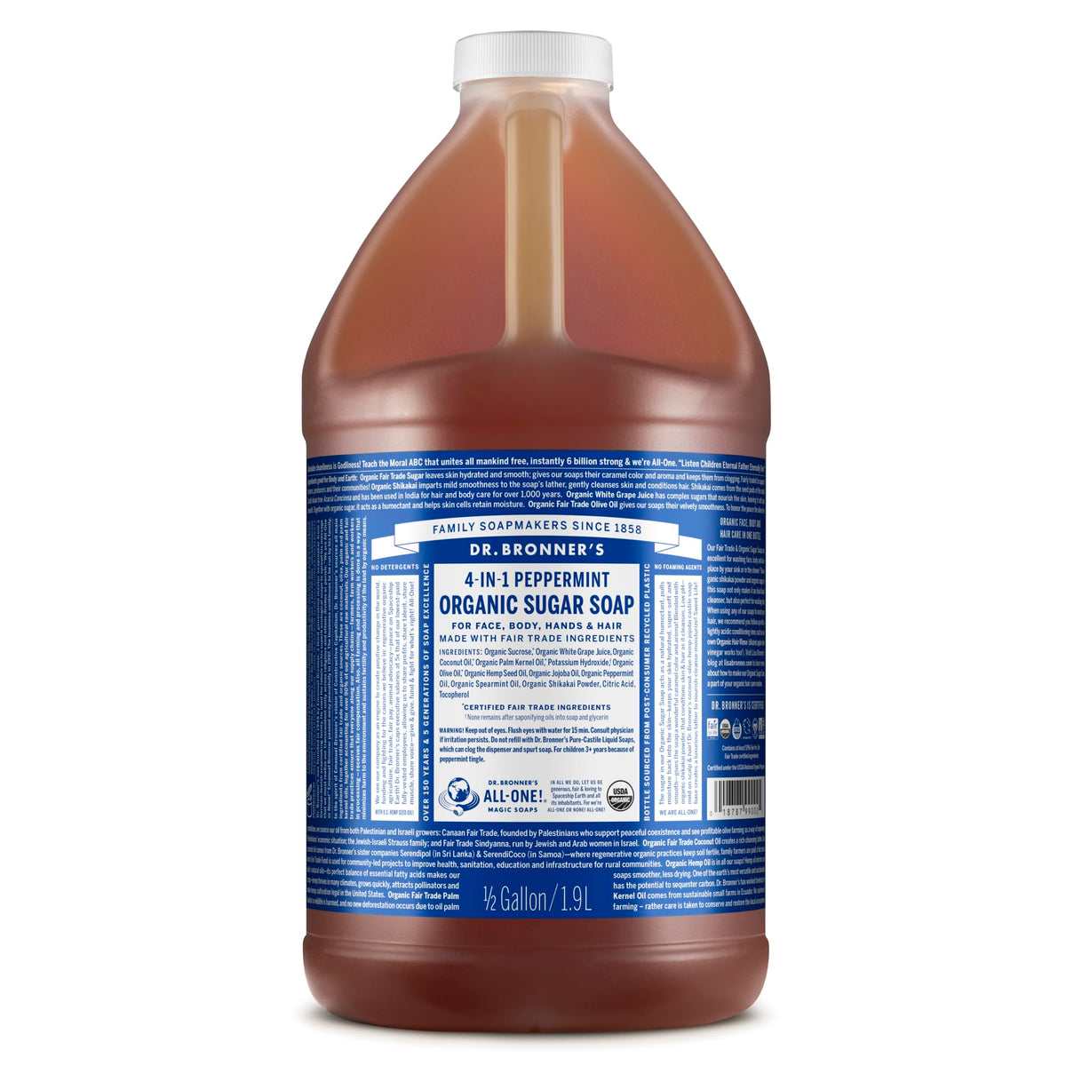 Dr. Bronner's Peppermint Organic Sugar Soap bottle with rich lather for cleansing